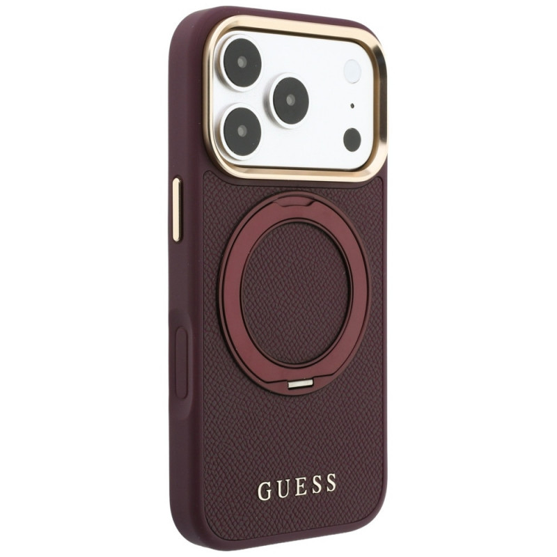 Funda Guess Ring Stand 360 Grained Classic Logo MagSafe para Apple iPhone 18 Pro / 17 Pro, burdeos