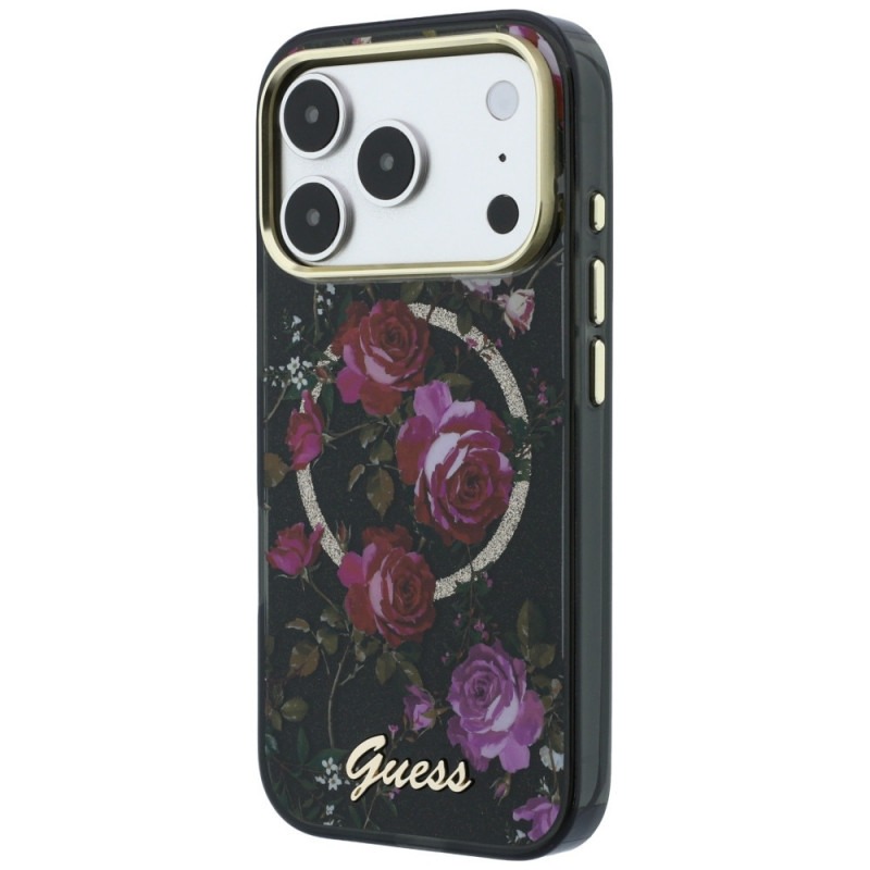Funda rígida Guess GUE6042 IML Glitter Blossom Roses MagSafe para Apple iPhone 18 Pro Max / 17 Pro Max, negra
