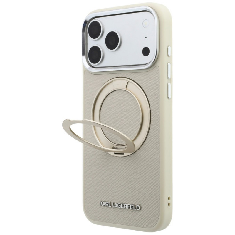 Funda MagSafe Karl Lagerfeld Ring Stand 360 Saffiano Classic Logo para Apple iPhone 18 Pro / 17 Pro, beige