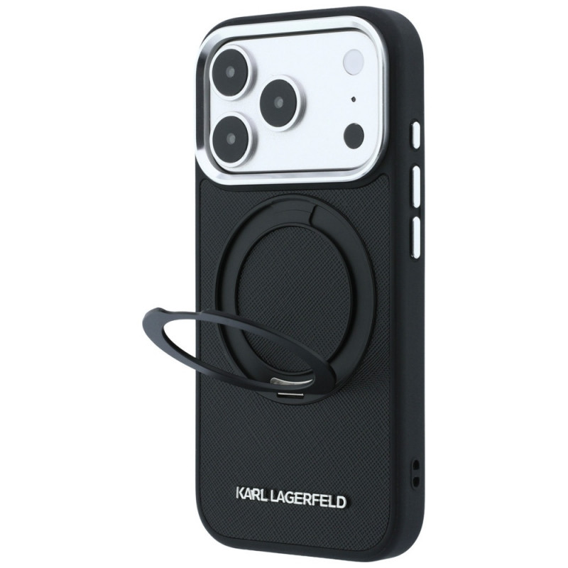 Funda Karl Lagerfeld Ring Stand 360 Saffiano Classic Logo MagSafe para Apple iPhone 18 Pro / 17 Pro, negra (KF003179)