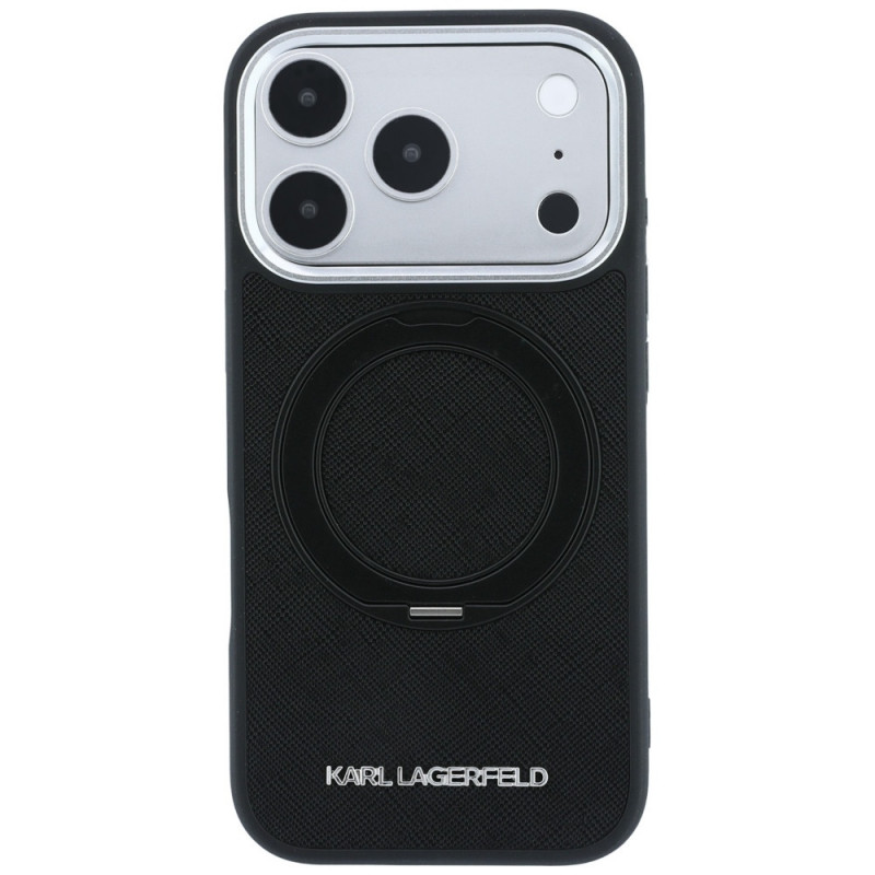 Funda Karl Lagerfeld Ring Stand 360 Saffiano Classic Logo MagSafe para Apple iPhone 18 Pro / 17 Pro, negra (KF003179)