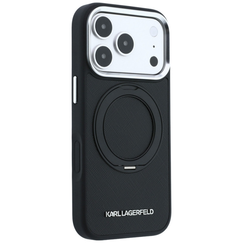 Funda Karl Lagerfeld Ring Stand 360 Saffiano Classic Logo MagSafe para Apple iPhone 18 Pro / 17 Pro, negra (KF003179)