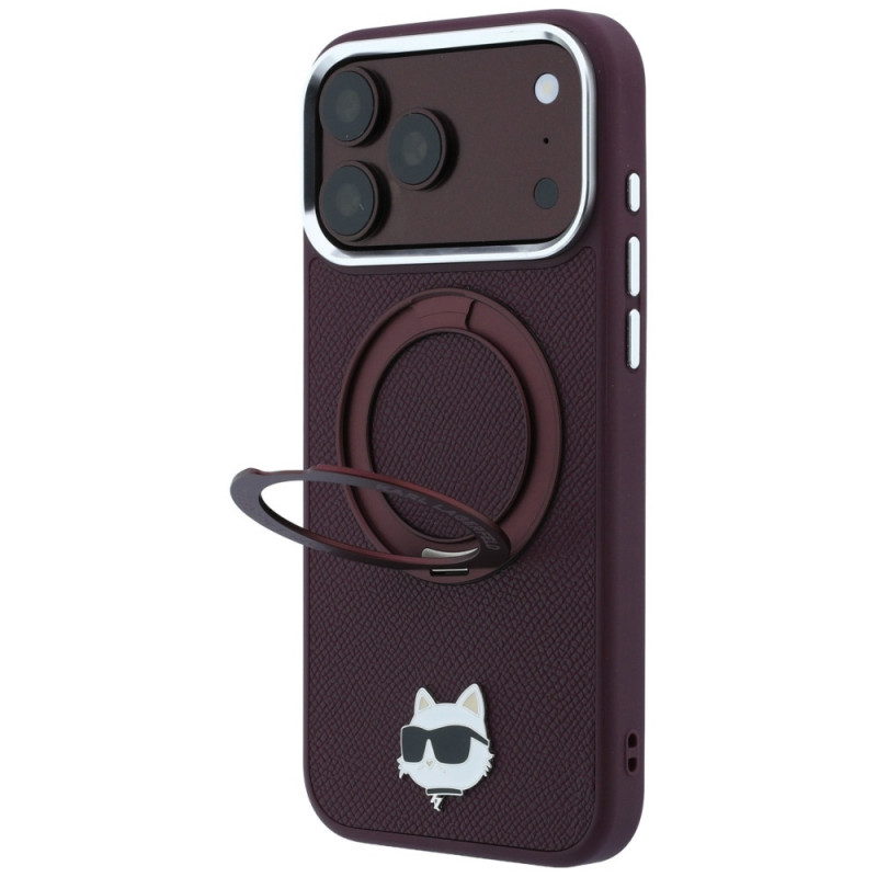 Funda MagSafe Karl Lagerfeld with Ring Stand 360 Choupette Head Pin para Apple iPhone 18 Pro / 17 Pro, burdeos (KLD22763)