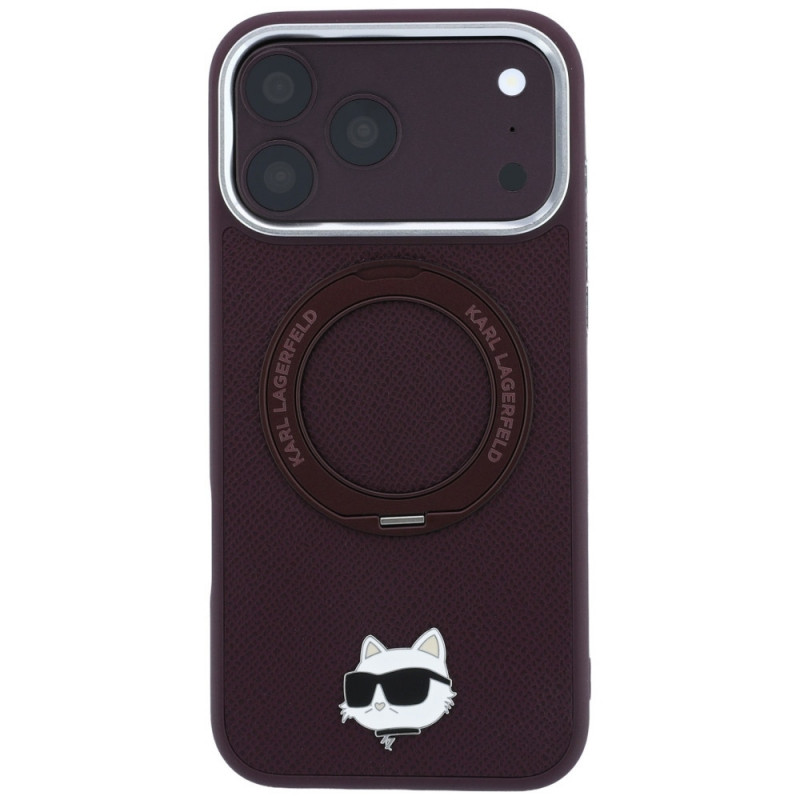 Funda MagSafe Karl Lagerfeld with Ring Stand 360 Choupette Head Pin para Apple iPhone 18 Pro / 17 Pro, burdeos (KLD22763)