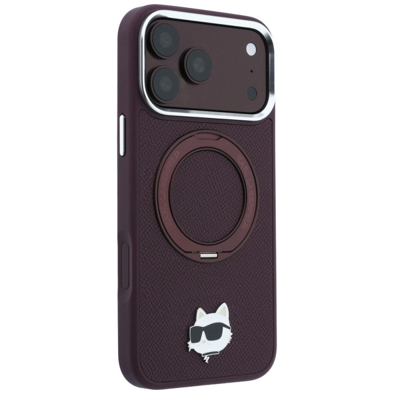 Funda MagSafe Karl Lagerfeld with Ring Stand 360 Choupette Head Pin para Apple iPhone 18 Pro / 17 Pro, burdeos (KLD22763)