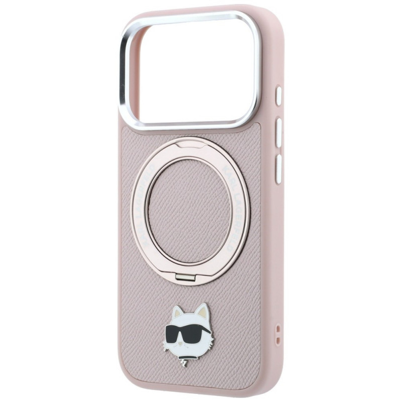Funda MagSafe Karl Lagerfeld with Ring Stand 360 Choupette Head Pin para Apple iPhone 18 Pro Max / 17 Pro Max, rosa