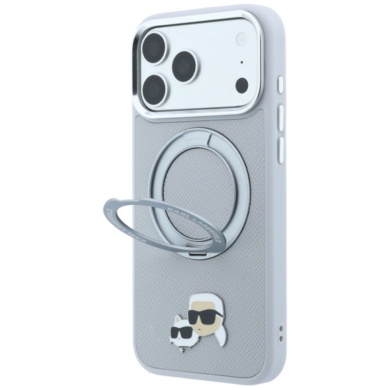Funda MagSafe Karl Lagerfeld con anillo de soporte 360 y pin Karl & Choupette Heads para Apple iPhone 18 Pro Max / 17 Pro Max, gris