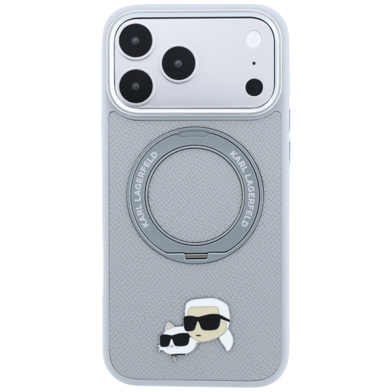 Funda MagSafe Karl Lagerfeld con anillo de soporte 360 y pin Karl & Choupette Heads para Apple iPhone 18 Pro Max / 17 Pro Max, gris