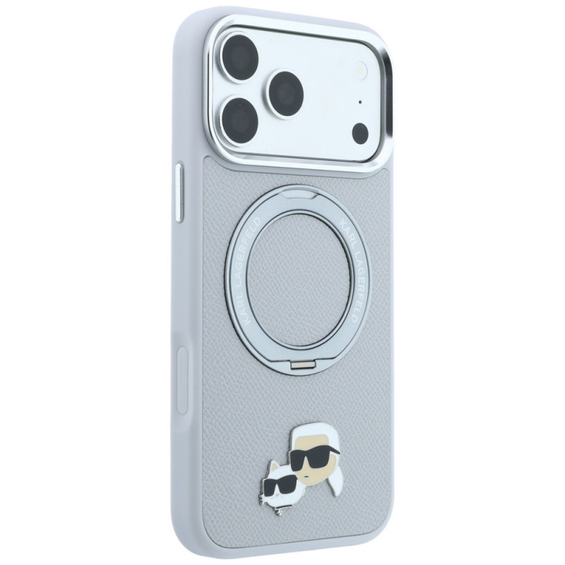 Funda MagSafe Karl Lagerfeld con anillo de soporte 360 y pin Karl & Choupette Heads para Apple iPhone 18 Pro Max / 17 Pro Max, gris