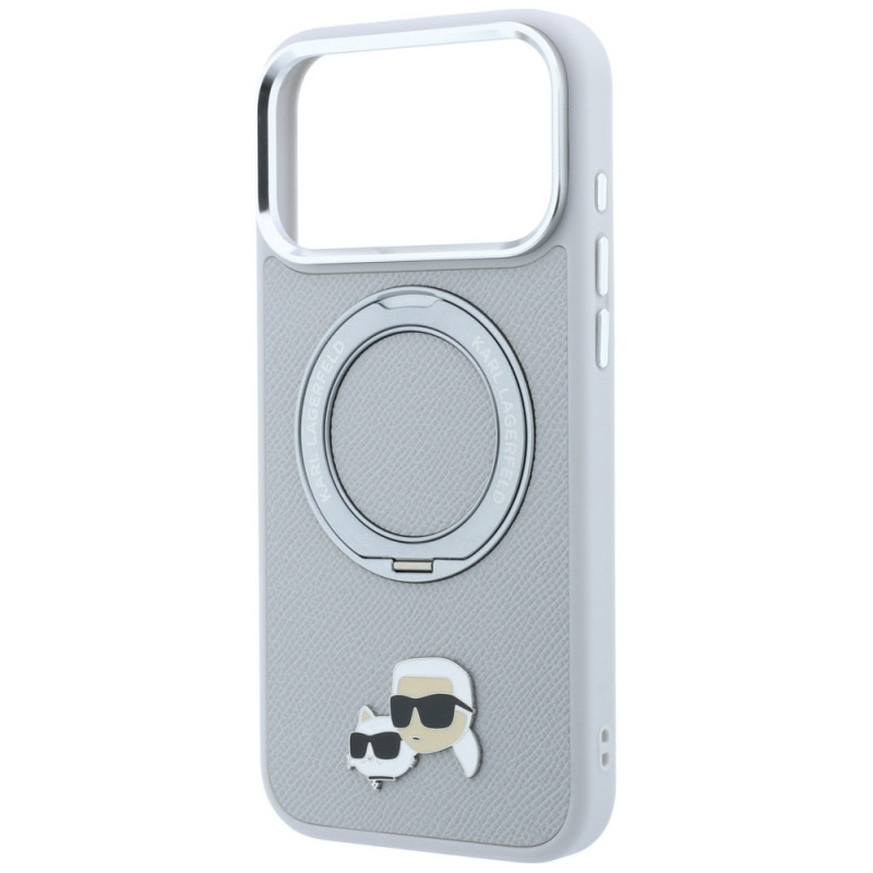 Funda MagSafe Karl Lagerfeld con anillo de soporte 360 y pin Karl & Choupette Heads para Apple iPhone 18 Pro Max / 17 Pro Max, gris