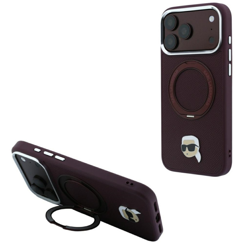 Funda MagSafe Karl Lagerfeld with Ring Stand 360 Karl Head Pin para Apple iPhone 18 Pro Max / 17 Pro Max, burdeos