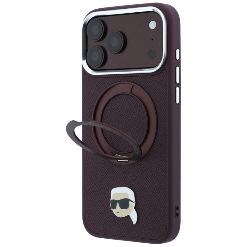 Funda MagSafe Karl Lagerfeld with Ring Stand 360 Karl Head Pin para Apple iPhone 18 Pro Max / 17 Pro Max, burdeos