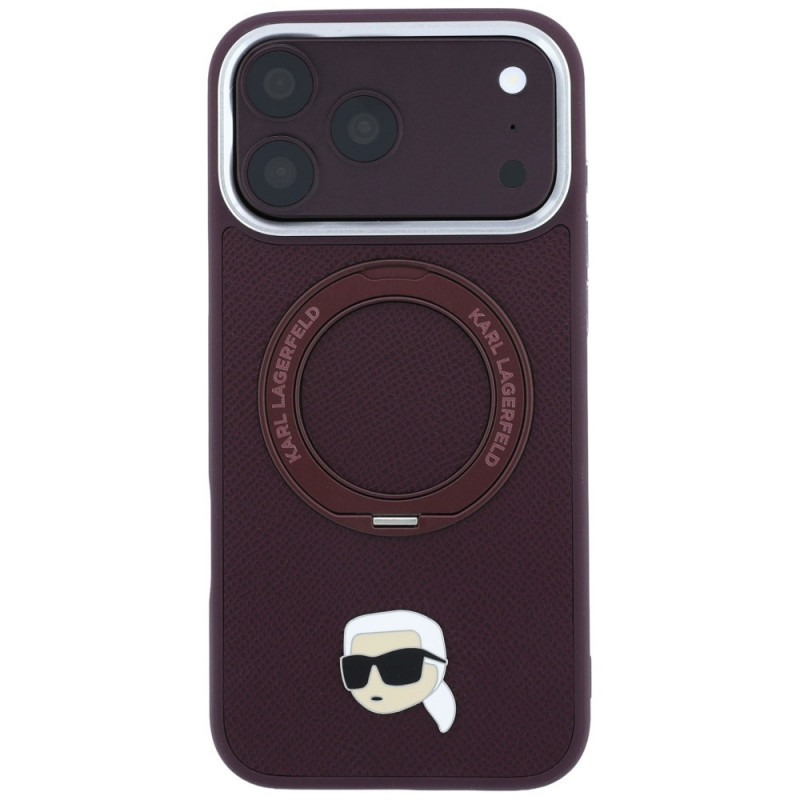 Funda MagSafe Karl Lagerfeld with Ring Stand 360 Karl Head Pin para Apple iPhone 18 Pro Max / 17 Pro Max, burdeos
