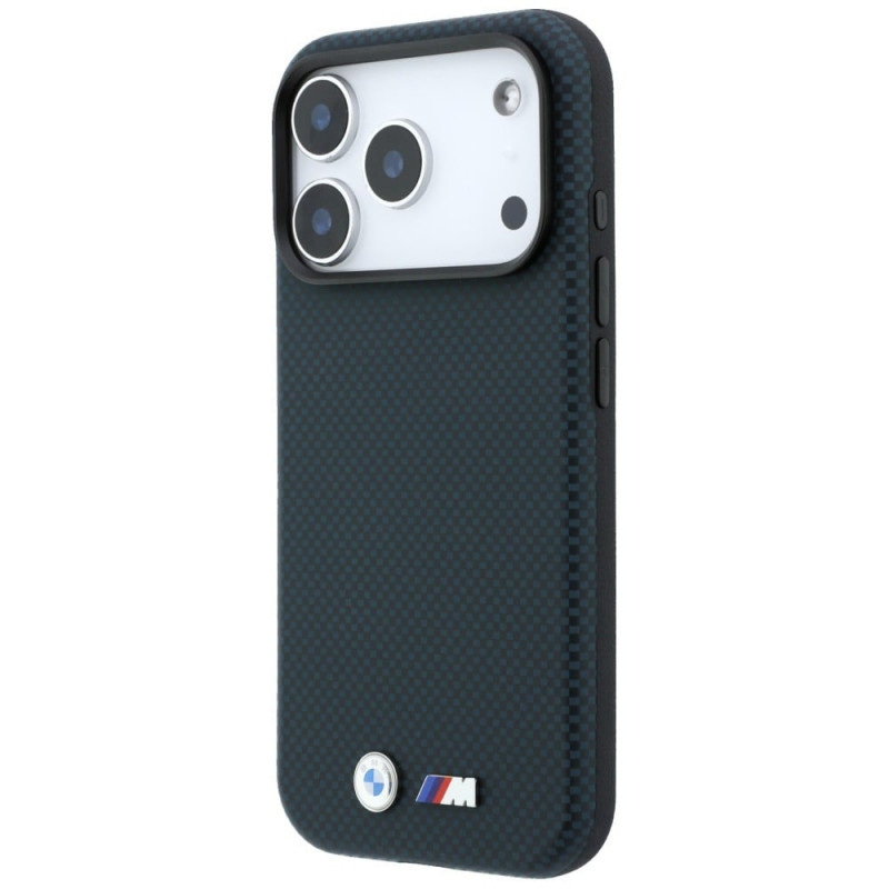 Funda MagSafe BMW M Quadrille Kevlar Metal Logo para Apple iPhone 18 Pro Max / 17 Pro Max, azul marino