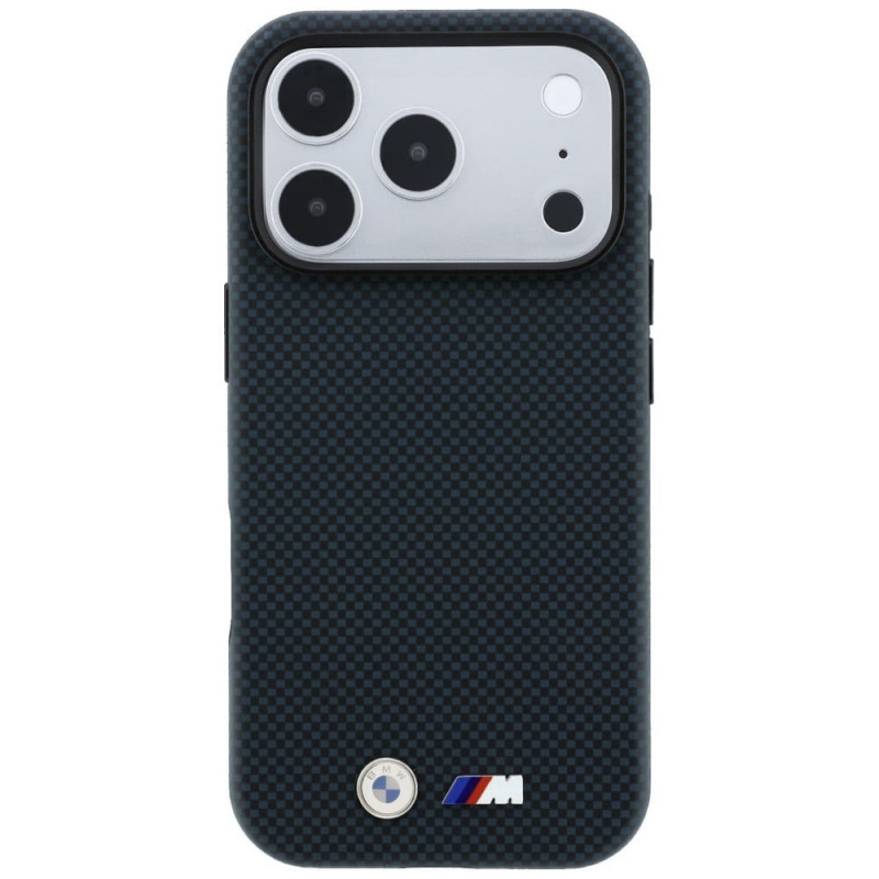 Funda MagSafe BMW M Quadrille Kevlar Metal Logo para Apple iPhone 18 Pro Max / 17 Pro Max, azul marino