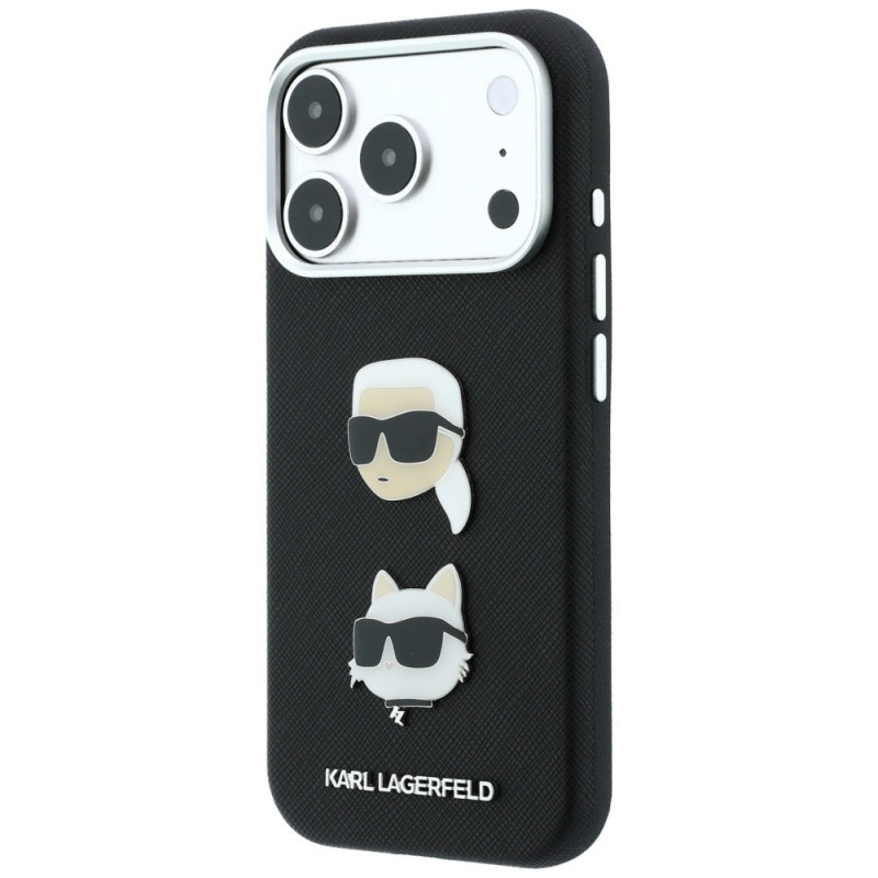 Funda Karl Lagerfeld Saffiano Karl&Choupette Heads Pins Strap Logo para Apple iPhone 18 Pro / 17 Pro, negra