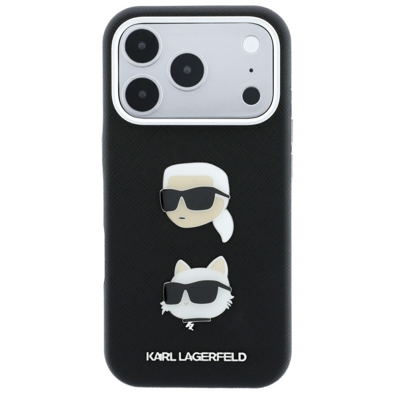 Funda Karl Lagerfeld Saffiano Karl&Choupette Heads Pins Strap Logo para Apple iPhone 18 Pro / 17 Pro, negra