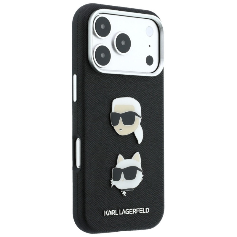 Funda Karl Lagerfeld Saffiano Karl&Choupette Heads Pins Strap Logo para Apple iPhone 18 Pro / 17 Pro, negra