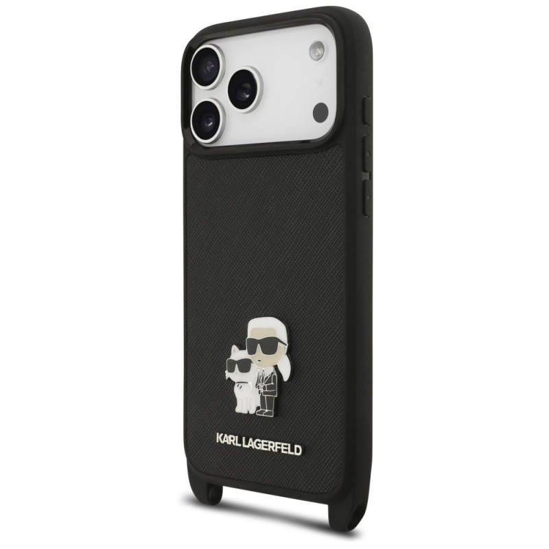 Funda con correa CBDY y pin metálico Saffiano Karl&Choupette Karl Lagerfeld para Apple iPhone 18 Pro Max / 17 Pro Max, negra