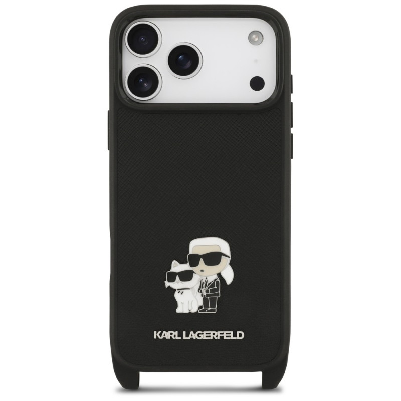 Funda con correa CBDY y pin metálico Saffiano Karl&Choupette Karl Lagerfeld para Apple iPhone 18 Pro Max / 17 Pro Max, negra