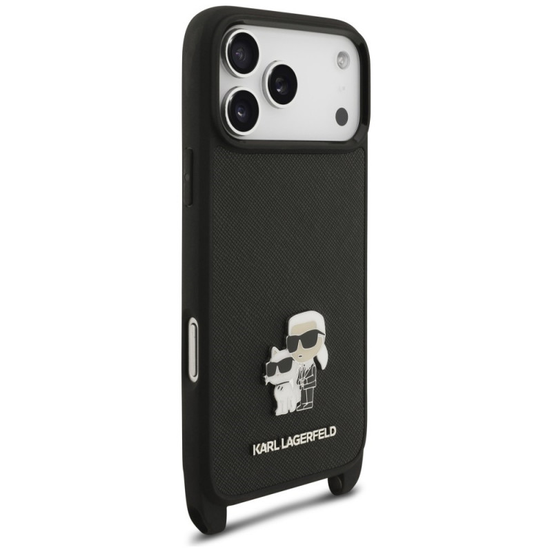 Funda con correa CBDY y pin metálico Saffiano Karl&Choupette Karl Lagerfeld para Apple iPhone 18 Pro Max / 17 Pro Max, negra
