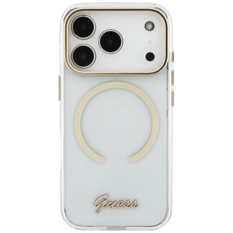 Funda MagSafe metálica IML Script Guess para Apple iPhone 18 Pro Max / 17 Pro Max, transparente