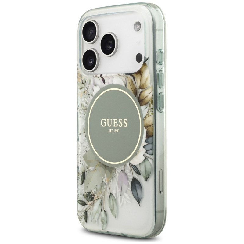 Funda MagSafe Guess IML Flower & Tonal Circle para Apple iPhone 18 Pro / 17 Pro, verde