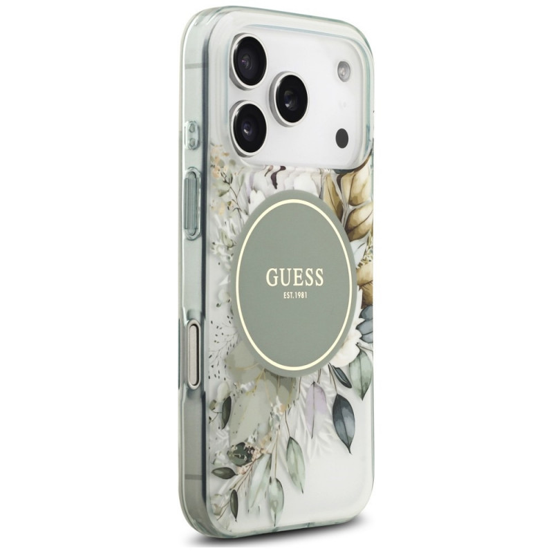 Funda MagSafe Guess IML Flower & Tonal Circle para Apple iPhone 18 Pro Max / 17 Pro Max, verde