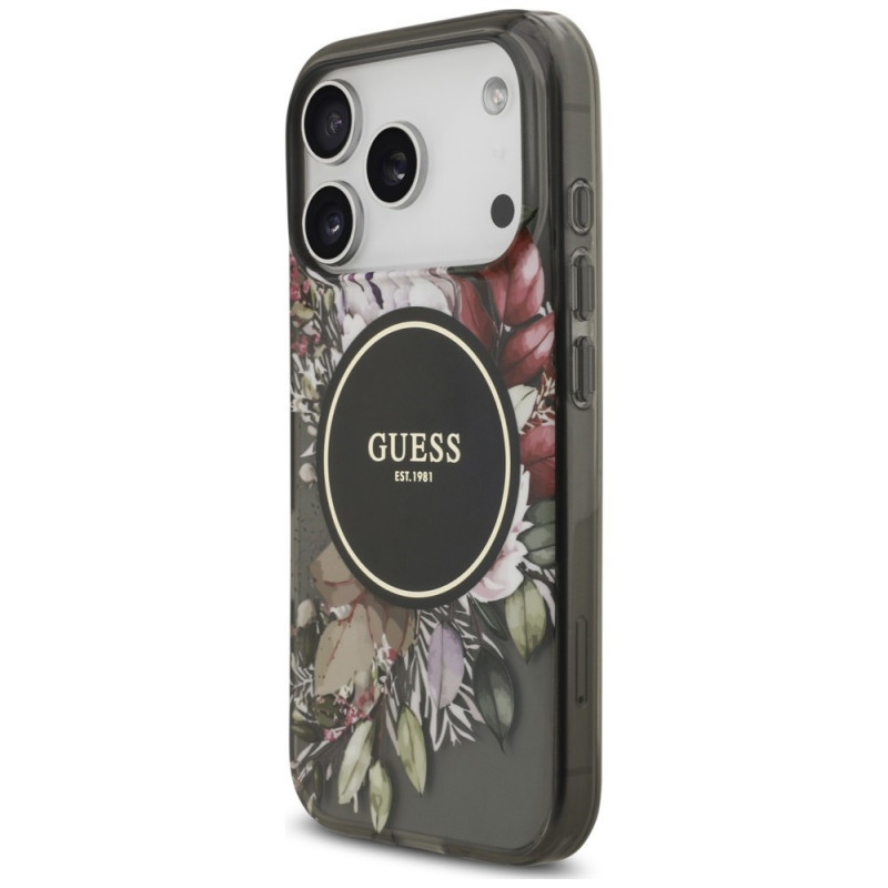 Funda MagSafe Guess IML Flowers Pearl Strap para Apple iPhone 18 Pro / 17 Pro, negra