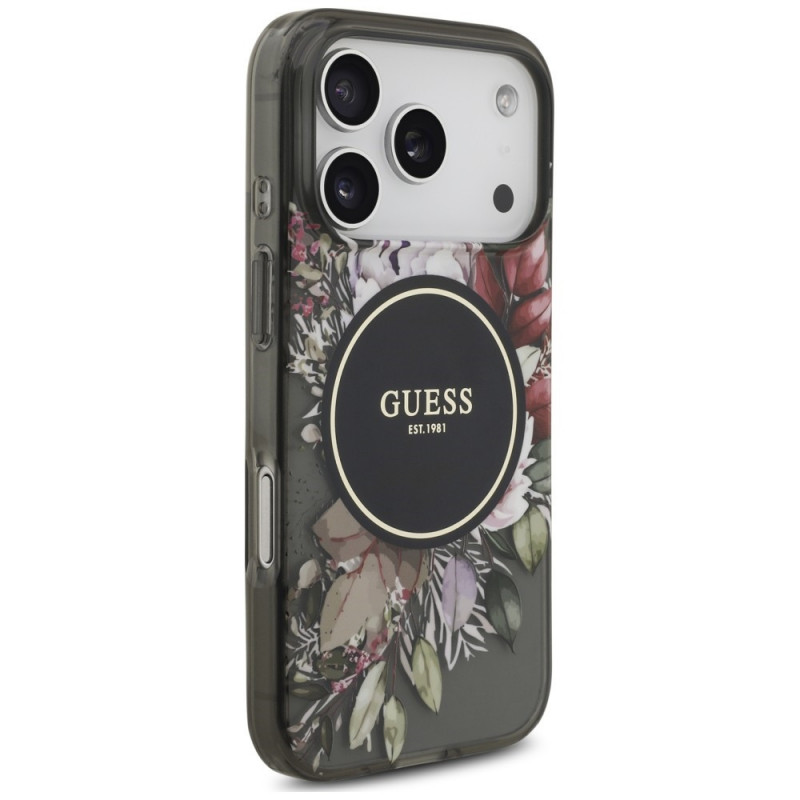 Funda MagSafe Guess IML Flowers Pearl Strap para Apple iPhone 18 Pro / 17 Pro, negra