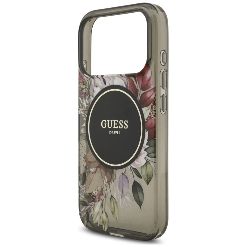 Funda MagSafe Guess IML Flowers Pearl Strap para Apple iPhone 18 Pro / 17 Pro, negra