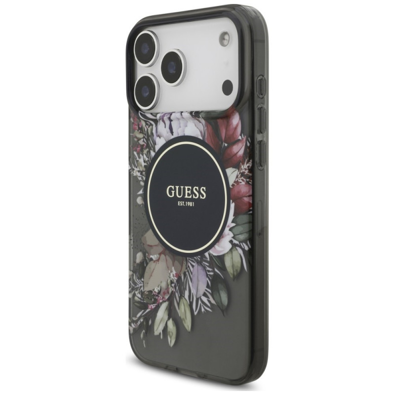 Funda MagSafe Guess IML Flowers Pearl Strap para Apple iPhone 18 Pro Max / 17 Pro Max, negra