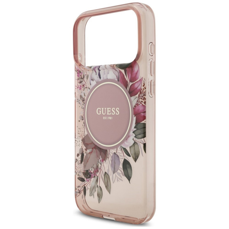 Funda MagSafe Guess IML Flowers Pearl Strap para Apple iPhone 18 Pro / 17 Pro, rosa