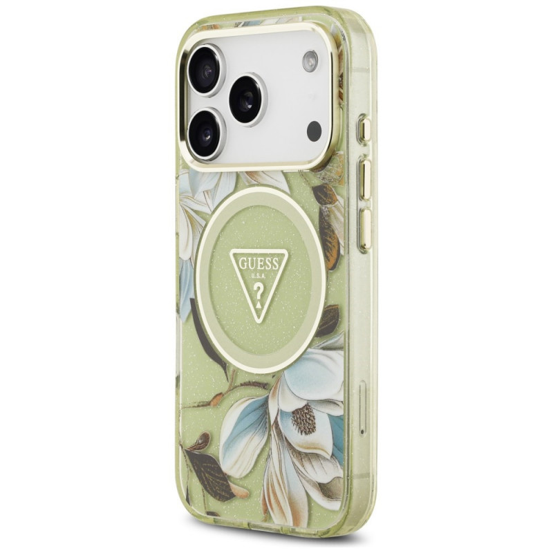 Funda MagSafe Guess IML Glitter Flowers Triangle para Apple iPhone 18 Pro Max / 17 Pro Max, verde