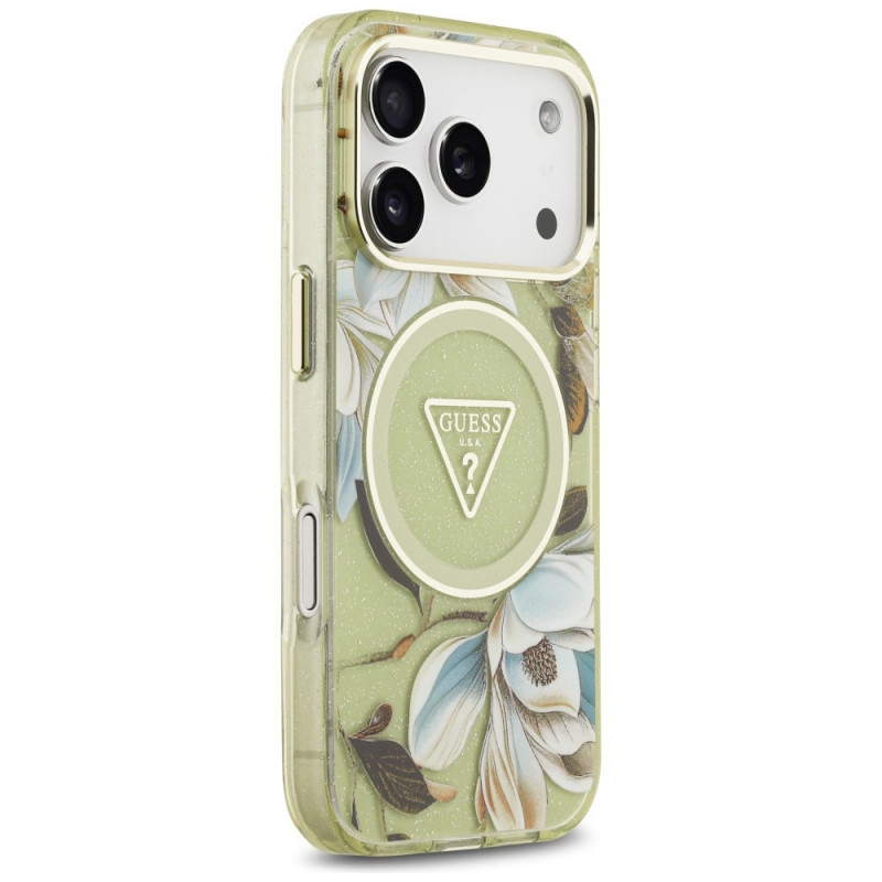Funda MagSafe Guess IML Glitter Flowers Triangle para Apple iPhone 18 Pro Max / 17 Pro Max, verde
