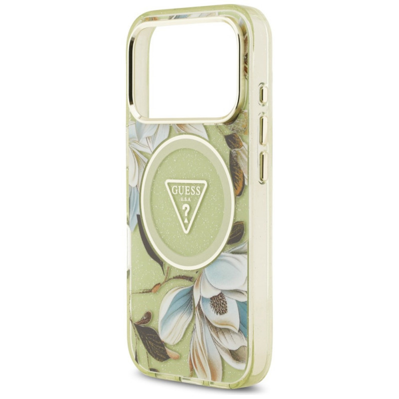 Funda MagSafe Guess IML Glitter Flowers Triangle para Apple iPhone 18 Pro Max / 17 Pro Max, verde