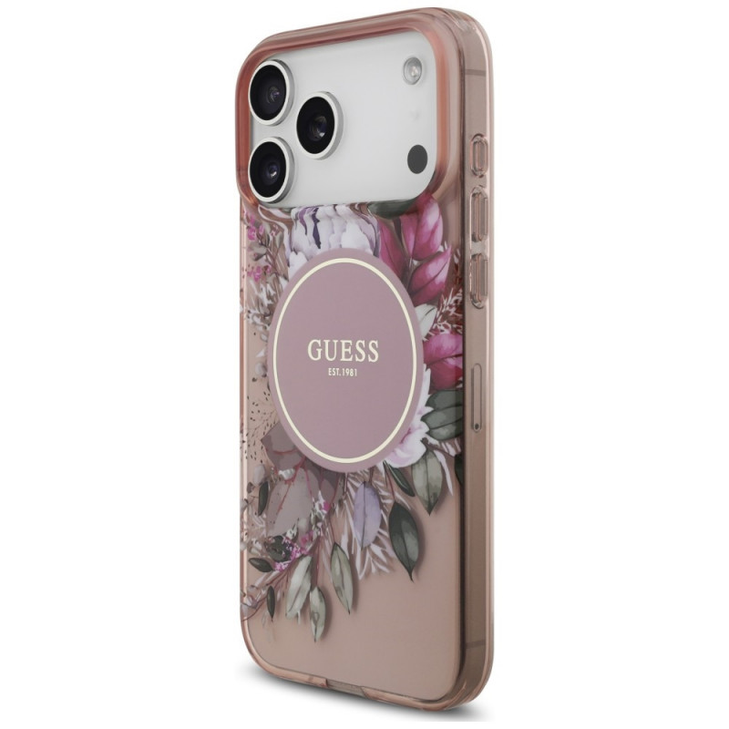 Funda MagSafe Guess IML Flowers Pearl Strap para Apple iPhone 18 Pro Max / 17 Pro Max, rosa