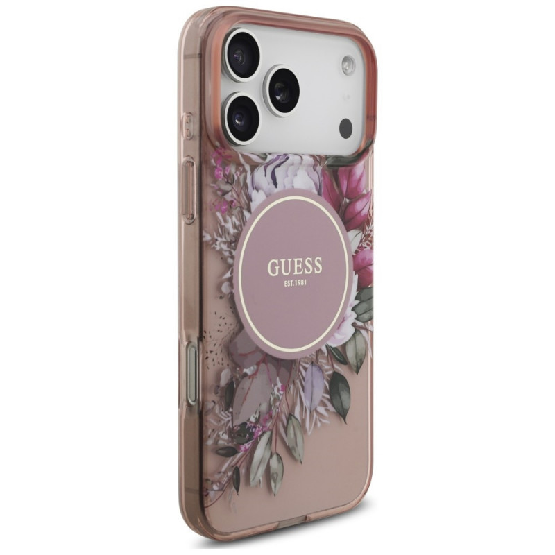 Funda MagSafe Guess IML Flowers Pearl Strap para Apple iPhone 18 Pro Max / 17 Pro Max, rosa