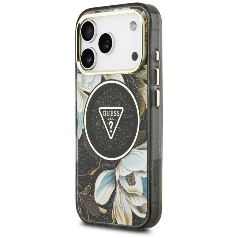 Funda MagSafe Guess IML Glitter Flowers Triangle para Apple iPhone 18 Pro Max / 17 Pro Max, negra