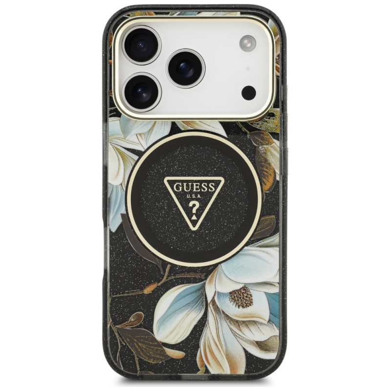 Funda MagSafe Guess IML Glitter Flowers Triangle para Apple iPhone 18 Pro Max / 17 Pro Max, negra