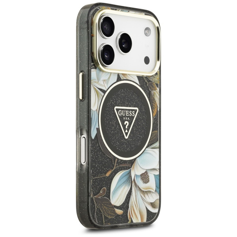 Funda MagSafe Guess IML Glitter Flowers Triangle para Apple iPhone 18 Pro Max / 17 Pro Max, negra