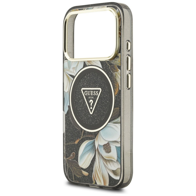 Funda MagSafe Guess IML Glitter Flowers Triangle para Apple iPhone 18 Pro Max / 17 Pro Max, negra
