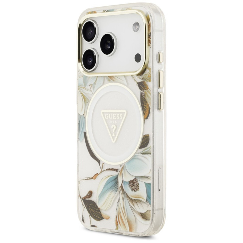 Funda MagSafe Guess IML Glitter Flowers Triangle para Apple iPhone 18 Pro Max / 17 Pro Max, blanca