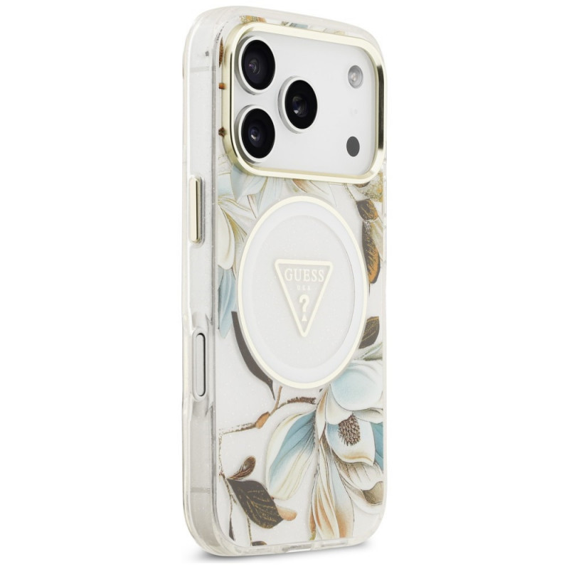 Funda MagSafe Guess IML Glitter Flowers Triangle para Apple iPhone 18 Pro Max / 17 Pro Max, blanca