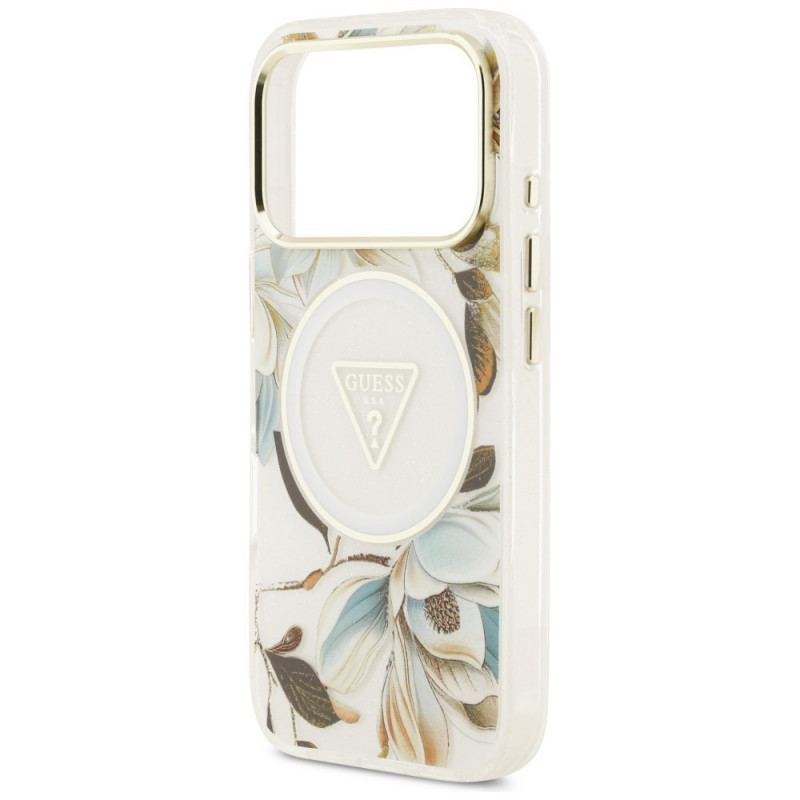 Funda MagSafe Guess IML Glitter Flowers Triangle para Apple iPhone 18 Pro Max / 17 Pro Max, blanca
