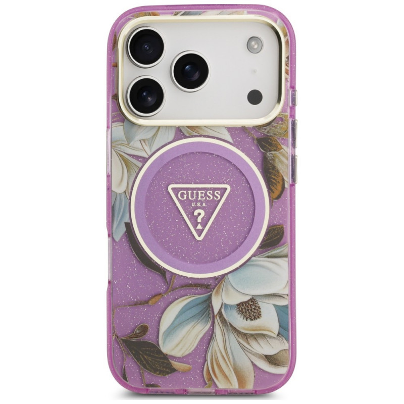 Funda MagSafe Guess IML Glitter Flowers Triangle para Apple iPhone 18 Pro Max / 17 Pro Max, morada