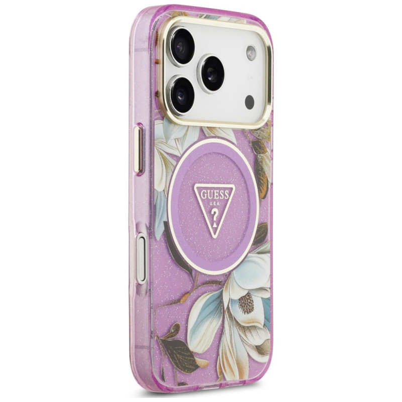Funda MagSafe Guess IML Glitter Flowers Triangle para Apple iPhone 18 Pro Max / 17 Pro Max, morada
