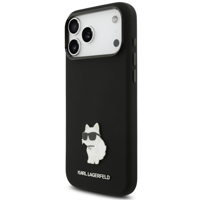 Funda Karl Lagerfeld Silicone Choupette Metal Pin para Apple iPhone 18 Pro Max / 17 Pro Max, negra