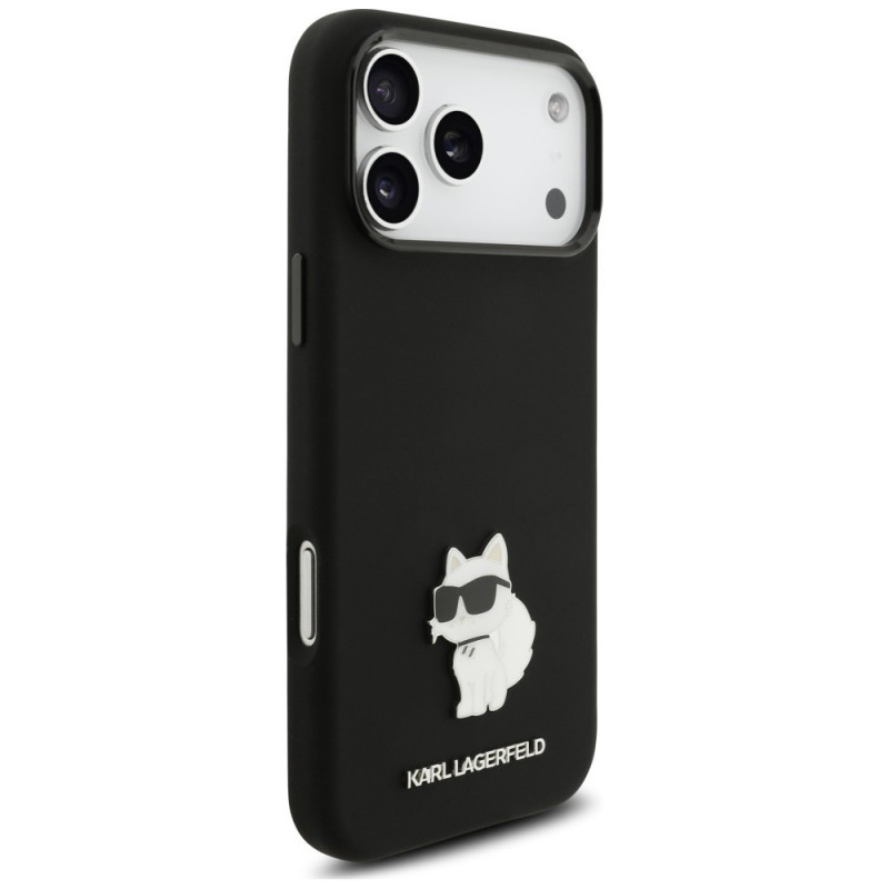 Funda Karl Lagerfeld Silicone Choupette Metal Pin para Apple iPhone 18 Pro Max / 17 Pro Max, negra
