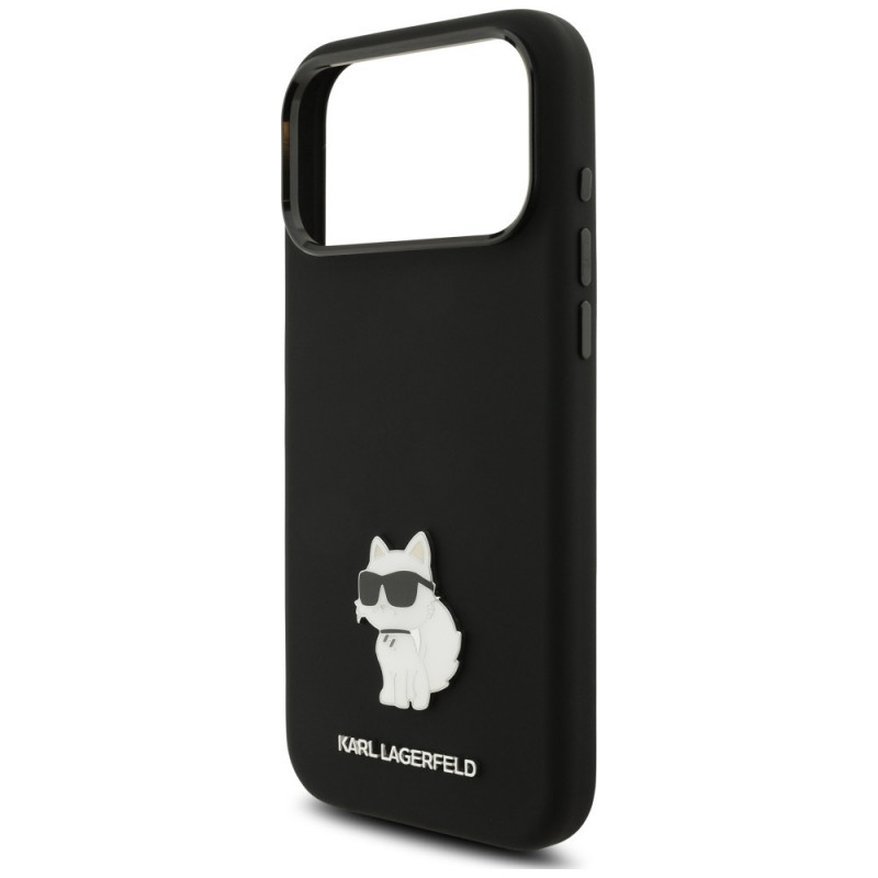 Funda Karl Lagerfeld Silicone Choupette Metal Pin para Apple iPhone 18 Pro Max / 17 Pro Max, negra